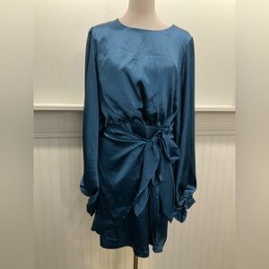 Petal & Pup Blue Satin Wrap Tie Dress US 14 AU 16 Balloon Sleeve Cocktail Party